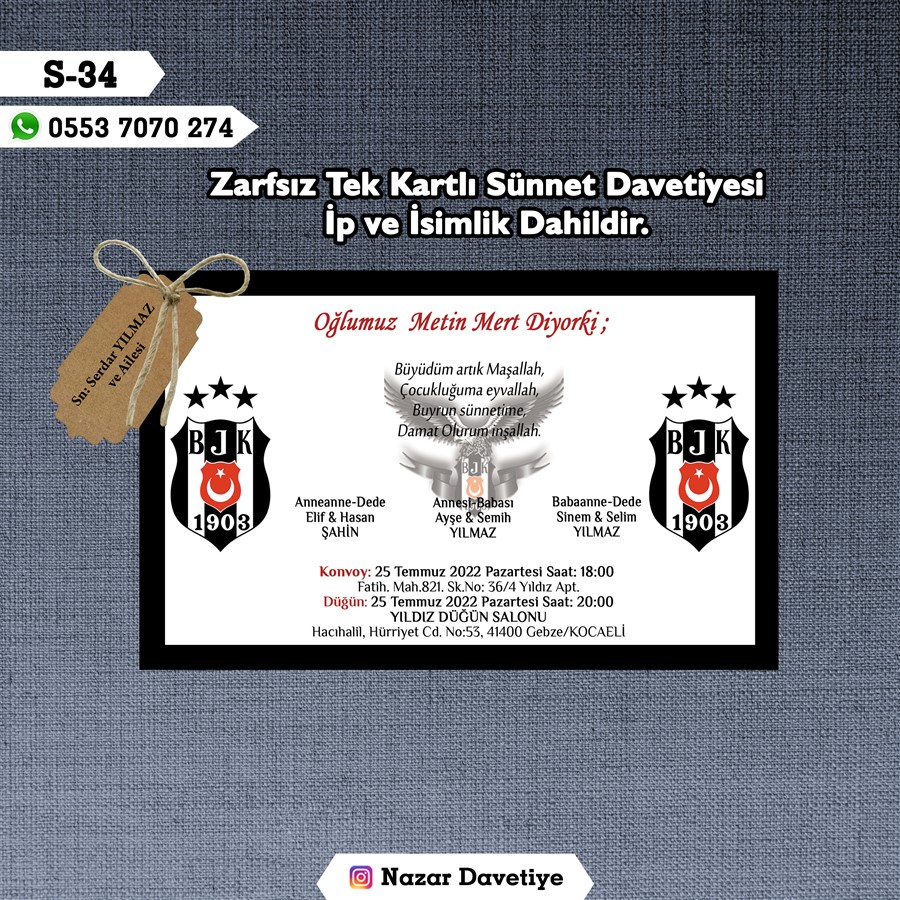 S34 TEKLİ SÜNNET DAVETİYE - S34 - Görsel 1