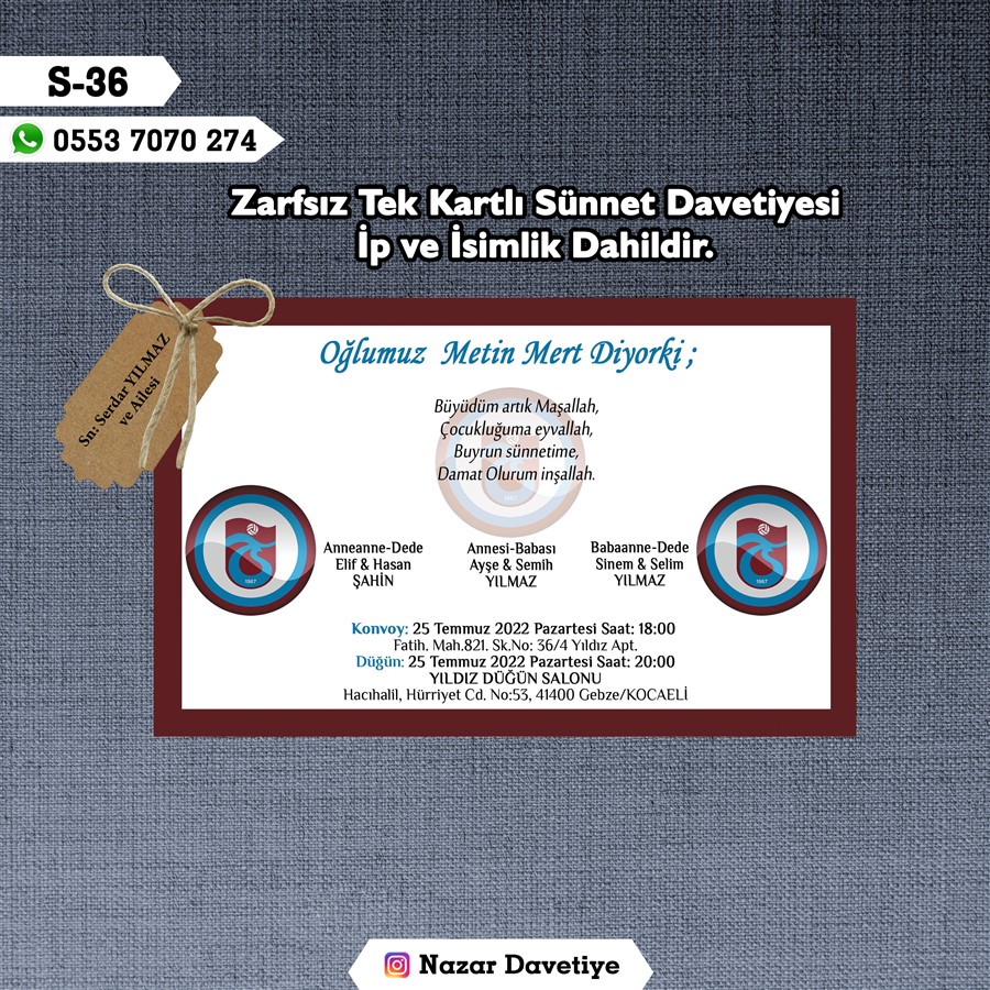 S36 TEKLİ SÜNNET DAVETİYE - S36 - Görsel 1